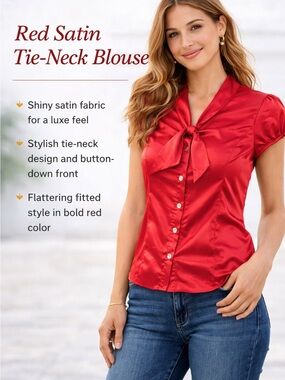 Red Satin Tie-Neck Button Front Blouse